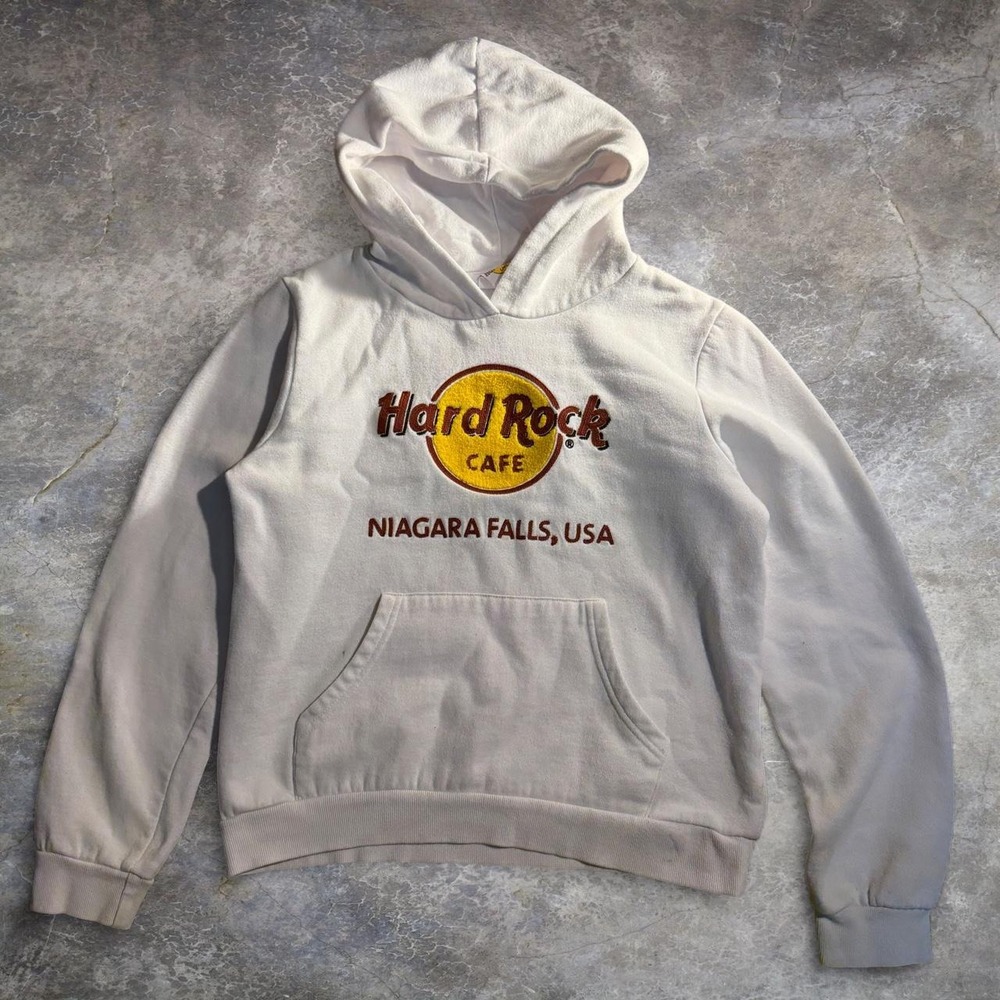 Hard Rock Cafe Niagara Falls White Hoodie Logo Pullover Sweatshirt XL Fits Small